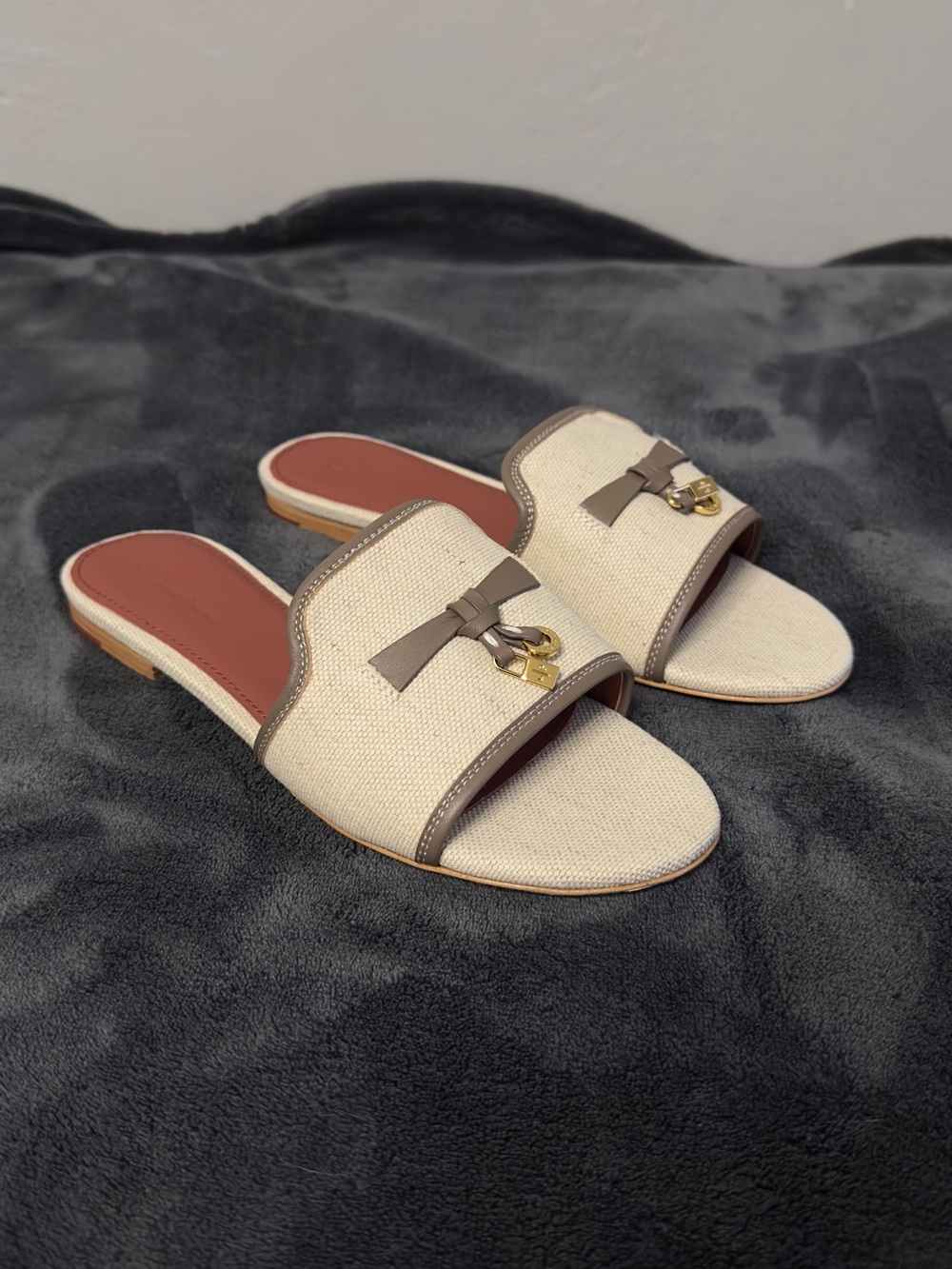 Loro Piana Summer Charms Sandal with Taupe Trim and Gold Charm